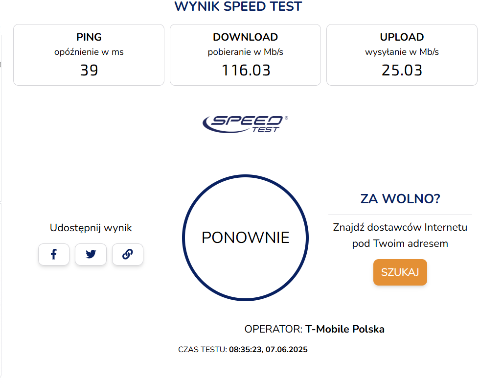 internet LTE w firmie – wynik Speedtest po zmianie operatora, download 116 Mb/s, upload 25 Mb/s