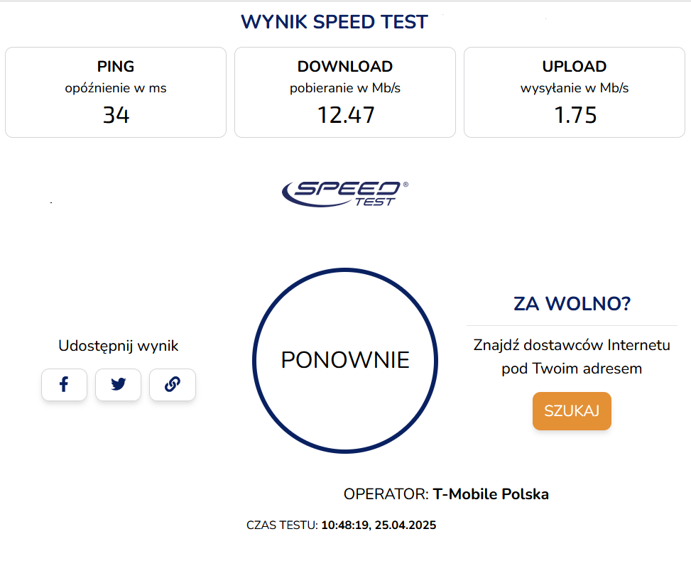 internet LTE w firmie – wynik Speedtest przed zmianą operatora, download 12 Mb/s, upload 1,7 Mb/s